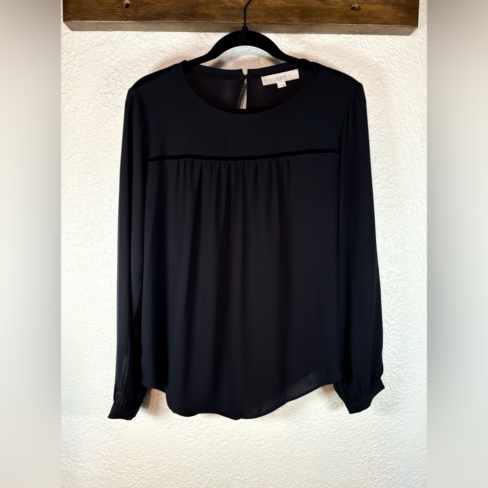 LOFT Top Flowy Elegant Black Long Sleeve Semi-Sheer Women’s Small